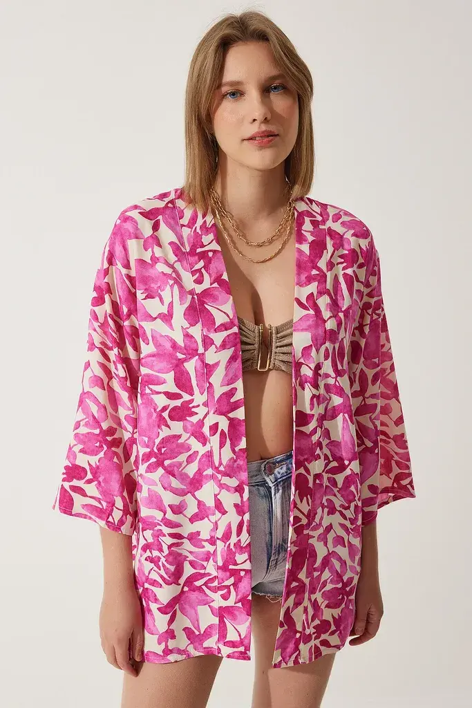Happiness Istanbul Ženski Roze Krem Šareni Viskoza Kimono EN00615, Roze Krem / Roze