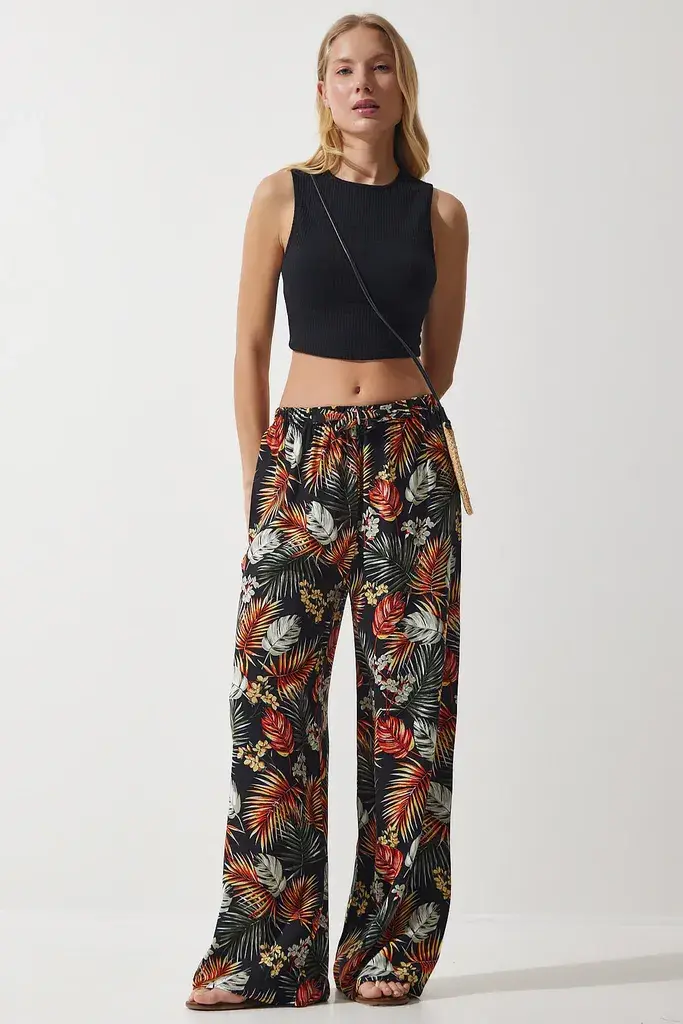Happiness Istanbul Ženske Crne Pantalone sa Pločastim Uzorom od Lepršave Viskoze Regular fit EN00606, Crna Cigla / Crna