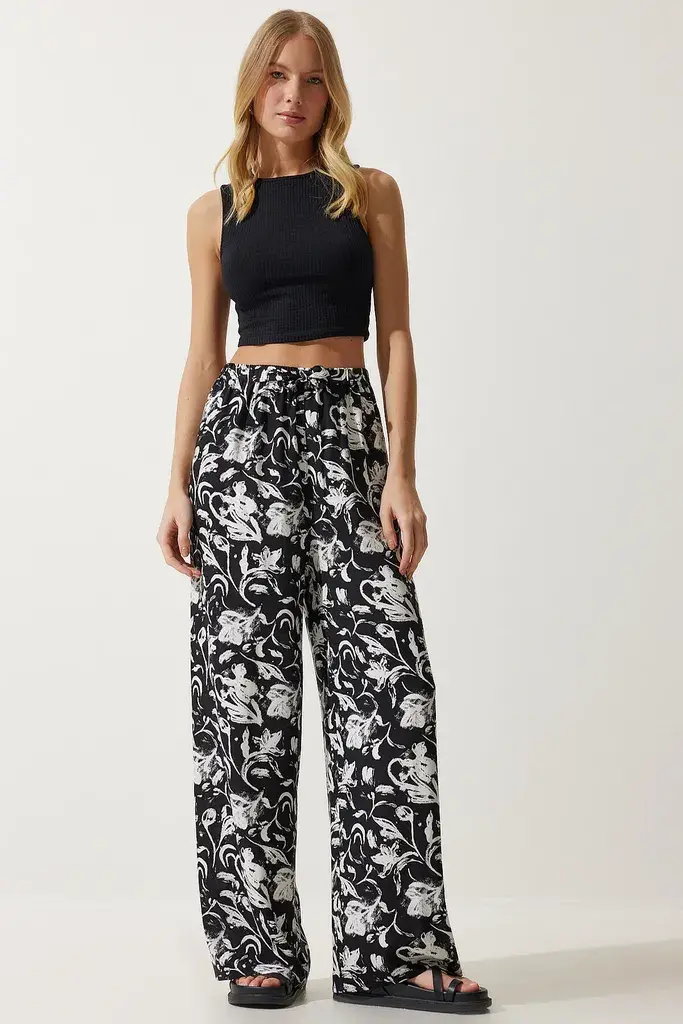 Happiness Istanbul Ženske Bele Crno Šarene Lepršave Viskoza Regular fit Pantalone EN00606, Belo / Belo Crno