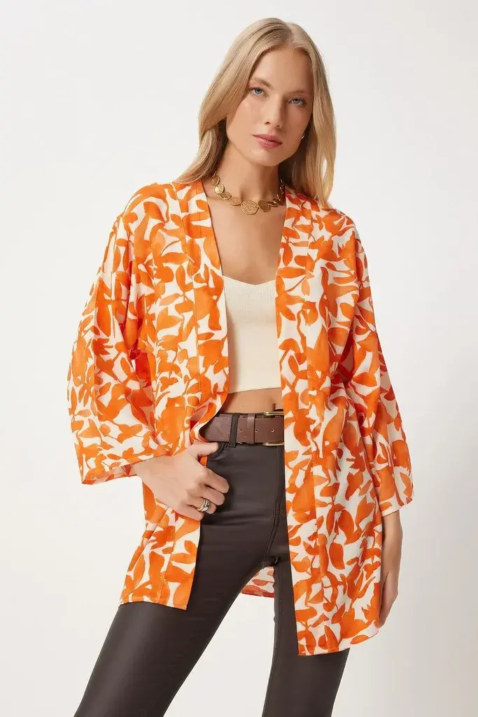 Happiness Istanbul Ženski narandžasti kimono sa šarama od viskoze EN00615, Narandžasta / Orange