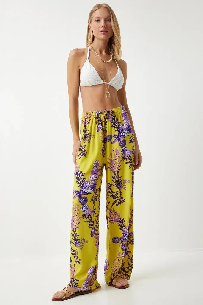 Happiness Istanbul Ženske Žuto Ljubičaste Šarene Lepršave Viskoza Regular fit Pantalone EN00606, Žuto Ljubičasta / Žuta