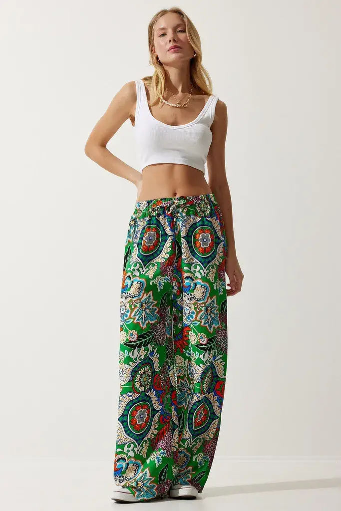 Happiness Istanbul Zelene Narandžaste Šarene Viskozne Ženske Regular fit Pantalone - EN00606, Zelena Narandžasta / Zelena
