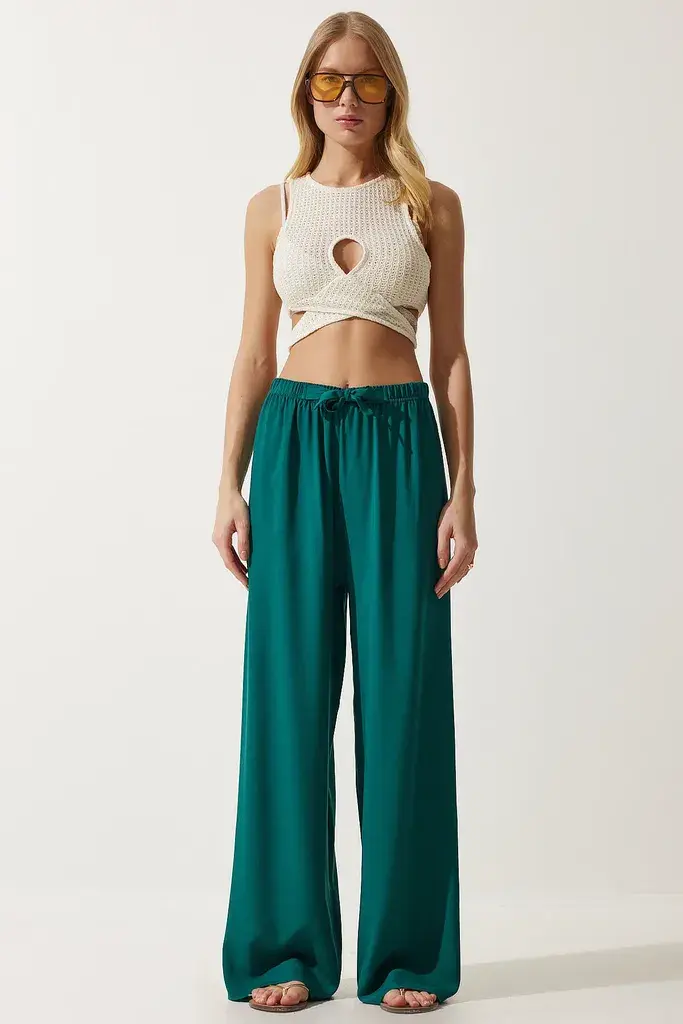 Happiness Istanbul Ženske Smaragdno Zelene Letnje Viskoza Regular fit Pantalone EN00610, Smaragdno Zelena / Zelena