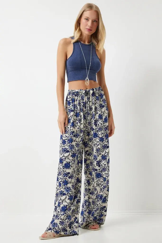 Happiness Istanbul Ženske Krem Plave Šarene Lepršave Viskoza Regular fit Pantalone EN00606, Bež / Krem Plava