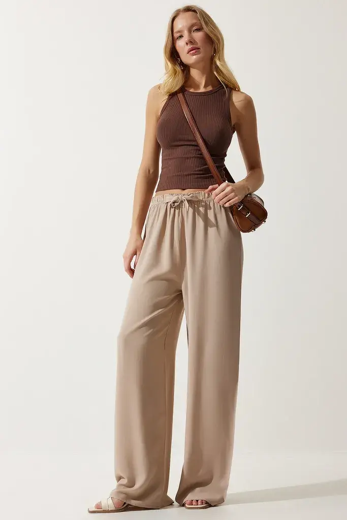 Happiness Istanbul Ženske Bež Letnje Viskozne Regular fit Pantalone EN00610, Bež / Bež