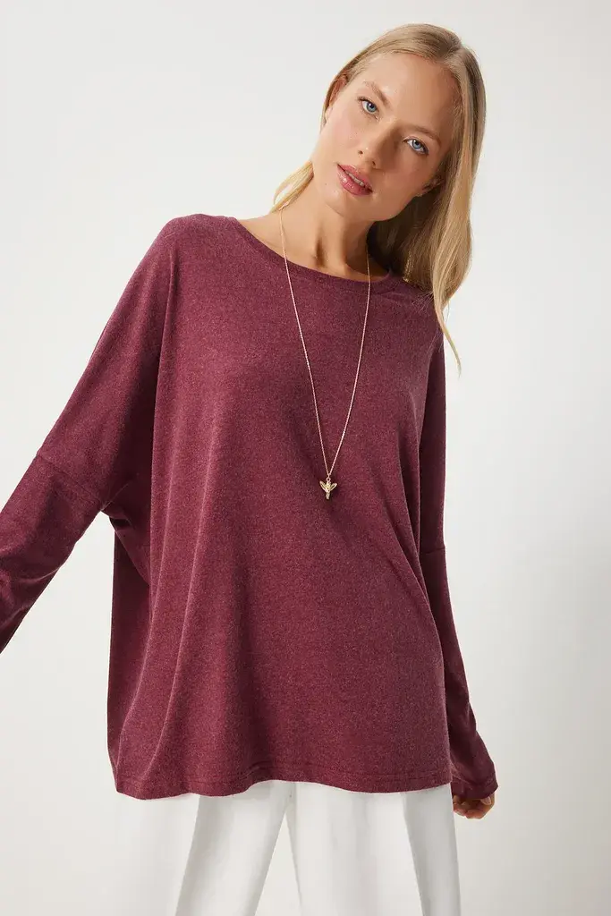 Happiness Istanbul pletena bluza sa okruglim izrezom - šišmiš rukavi En00616, suva ruža / roze