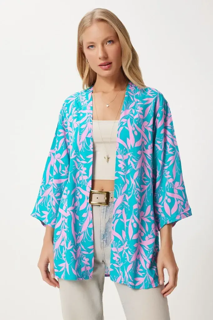 Happiness Istanbul Ženski Roze Nebo Plavi Šareni Viskoza Kimono EN00615, Roze Nebo Plavi / Roze