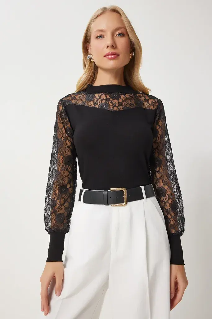 Happiness Istanbul crna čipkana rolka ženska bluza - En00624, crna / crna