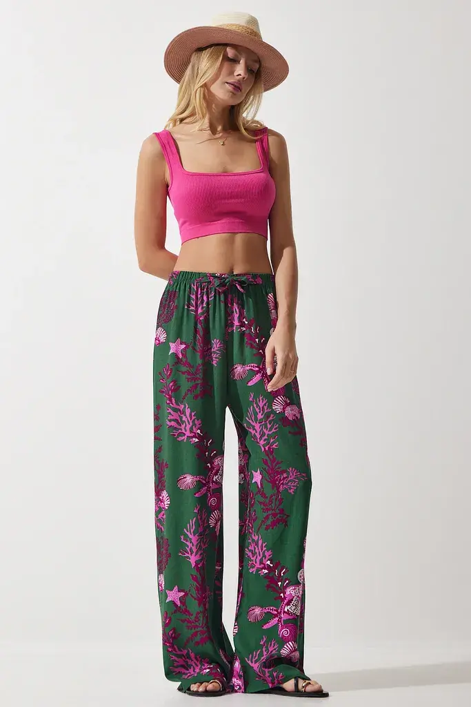 Happiness Istanbul Ženske Tamno Zelene Fuksija Šarene Lepršave Viskoza Regular fit Pantalone EN00606, Tamno Zelena Fuksija / Zelena