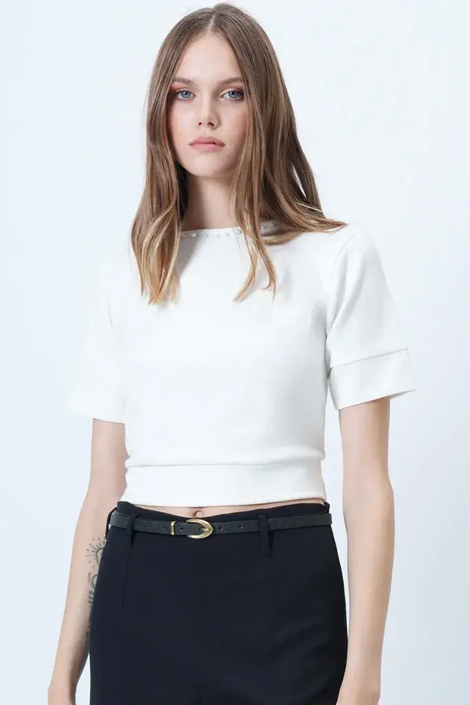 Trend Alacati Stili Ženska Bela Bluza sa Okruglim Izrezom i Biserima, Pletena Alc-X14637, BELA / Bela