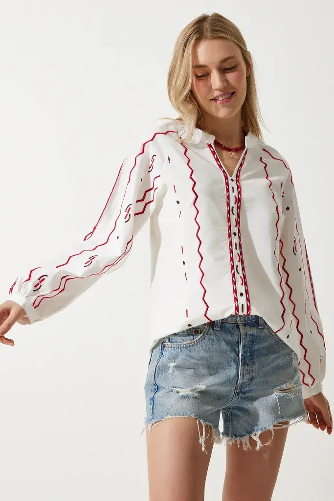 Happiness Istanbul Ženska Krem Vezena Lanena Bluza ES00150, Krem / Krem