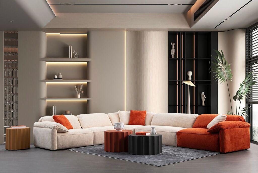 Atelier del Sofa Ugaona garnitura Flamingo, 335x405x105 cm, Krem-narandžasta