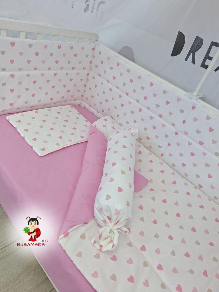 Bubamara037 Set posteljine za krevetac sa ravnom ogradicom, Roze