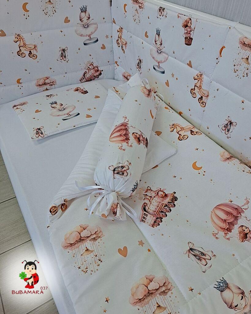 Bubamara037 Set posteljine za krevetac sa ravnom ogradicom Balerine, Beli