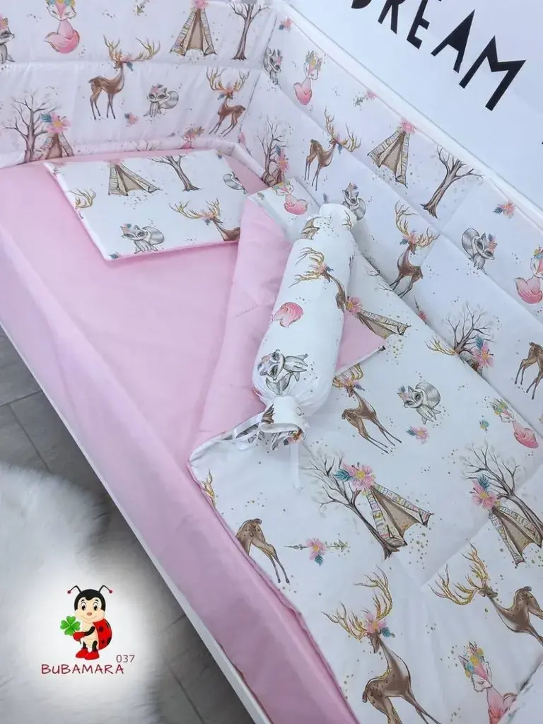 Bubamara037 Set posteljine za krevetac sa ravnom ogradicom, Roze