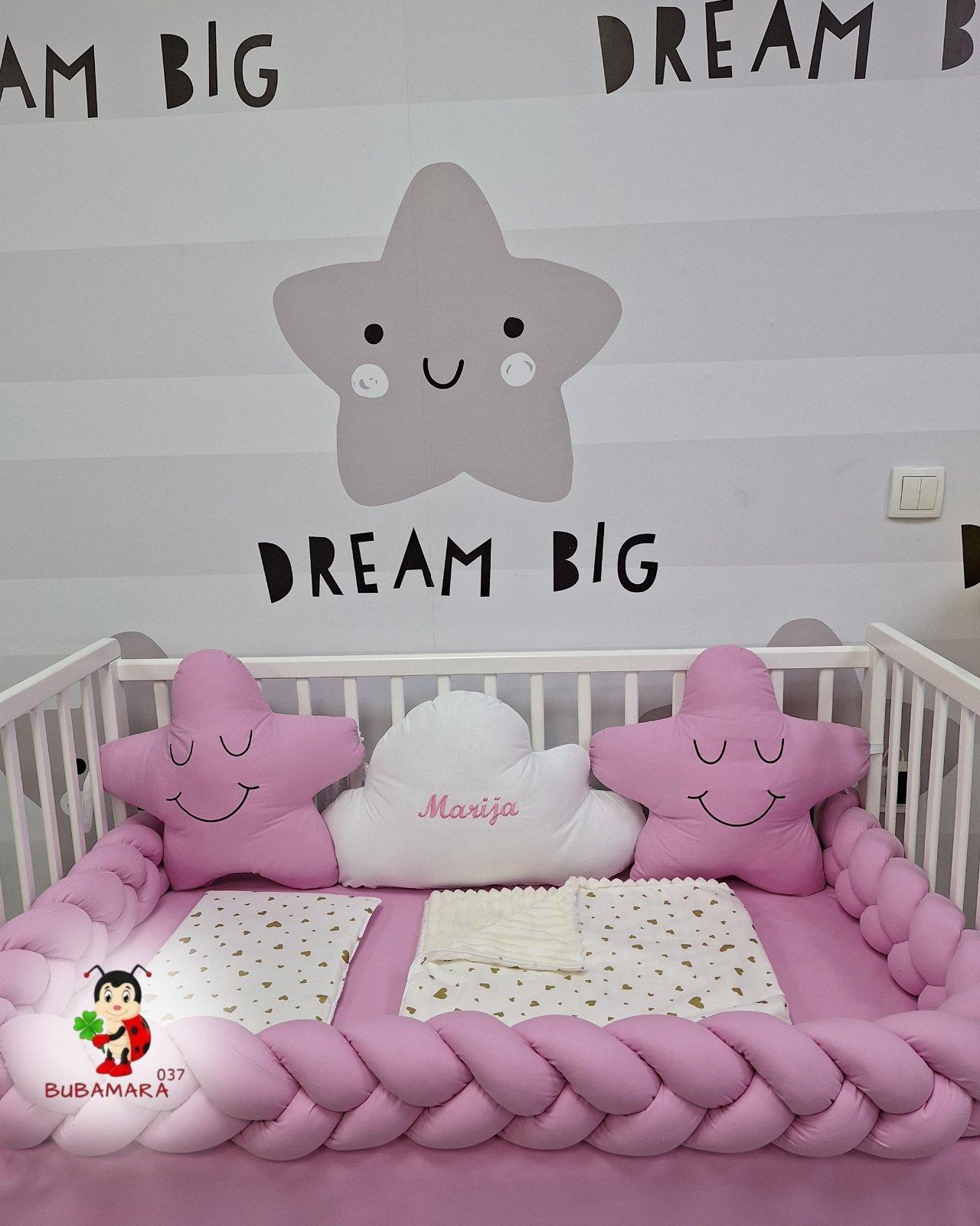 Bubamara037 Set za krevetac sa ogradicom od pletenica, sa lastišom, Roze-Beli