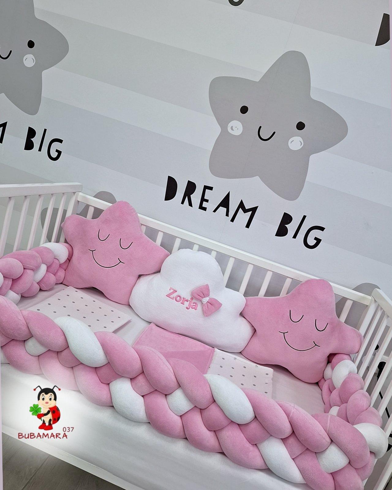 Bubamara037 Set za krevetac sa ogradicom od pletenica, bez lastiša, Roze-Beli