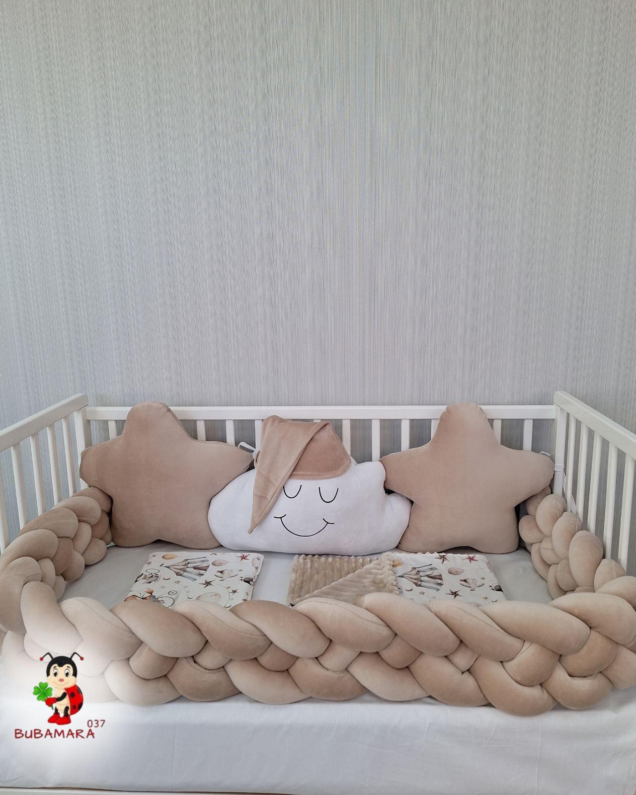 Bubamara037 Set za krevetac sa ogradicom od pletenica, bez lastiša, Krem-Beli