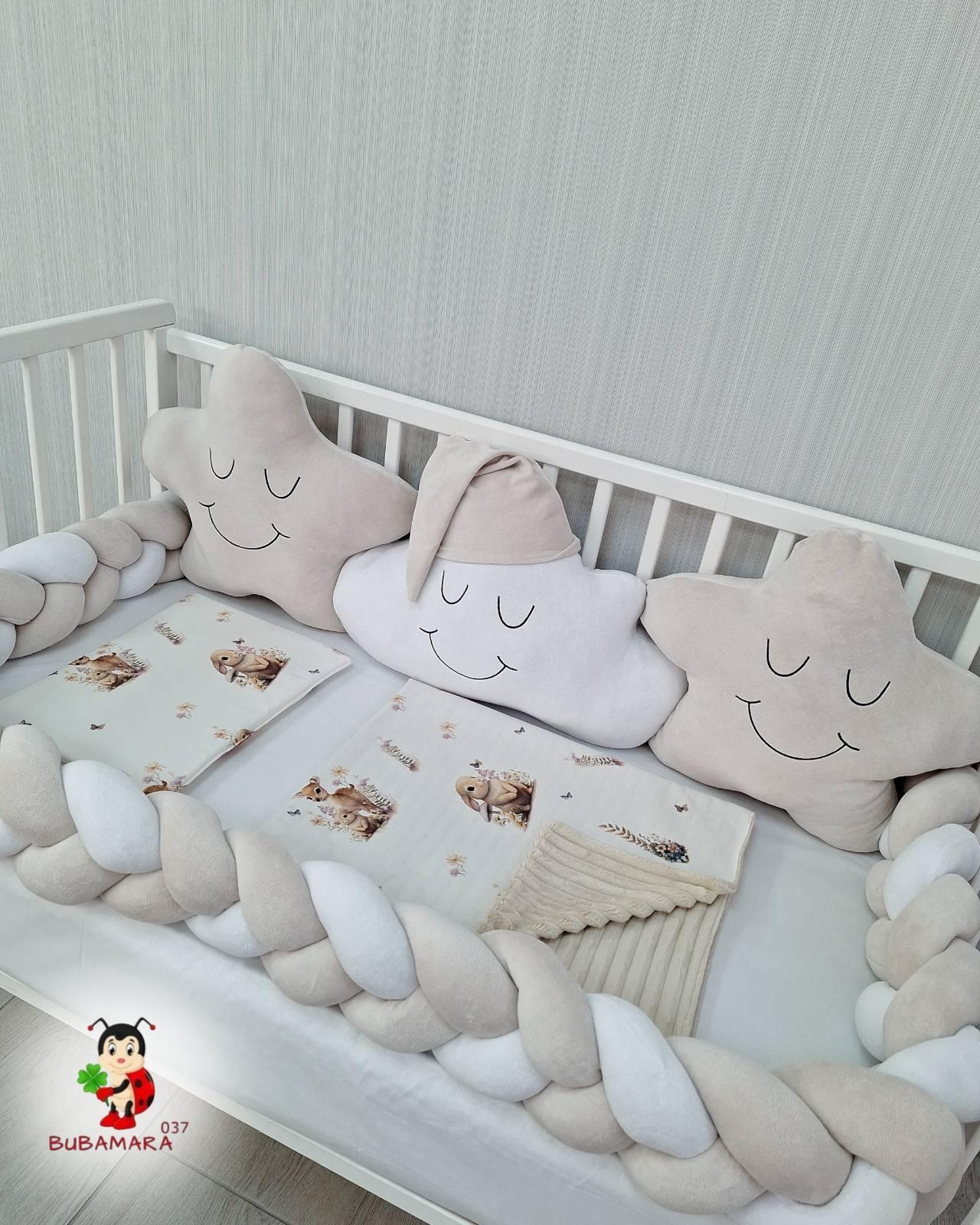 Bubamara037 Set za krevetac sa ogradicom od pletenica, bez lastiša, Krem-Beli