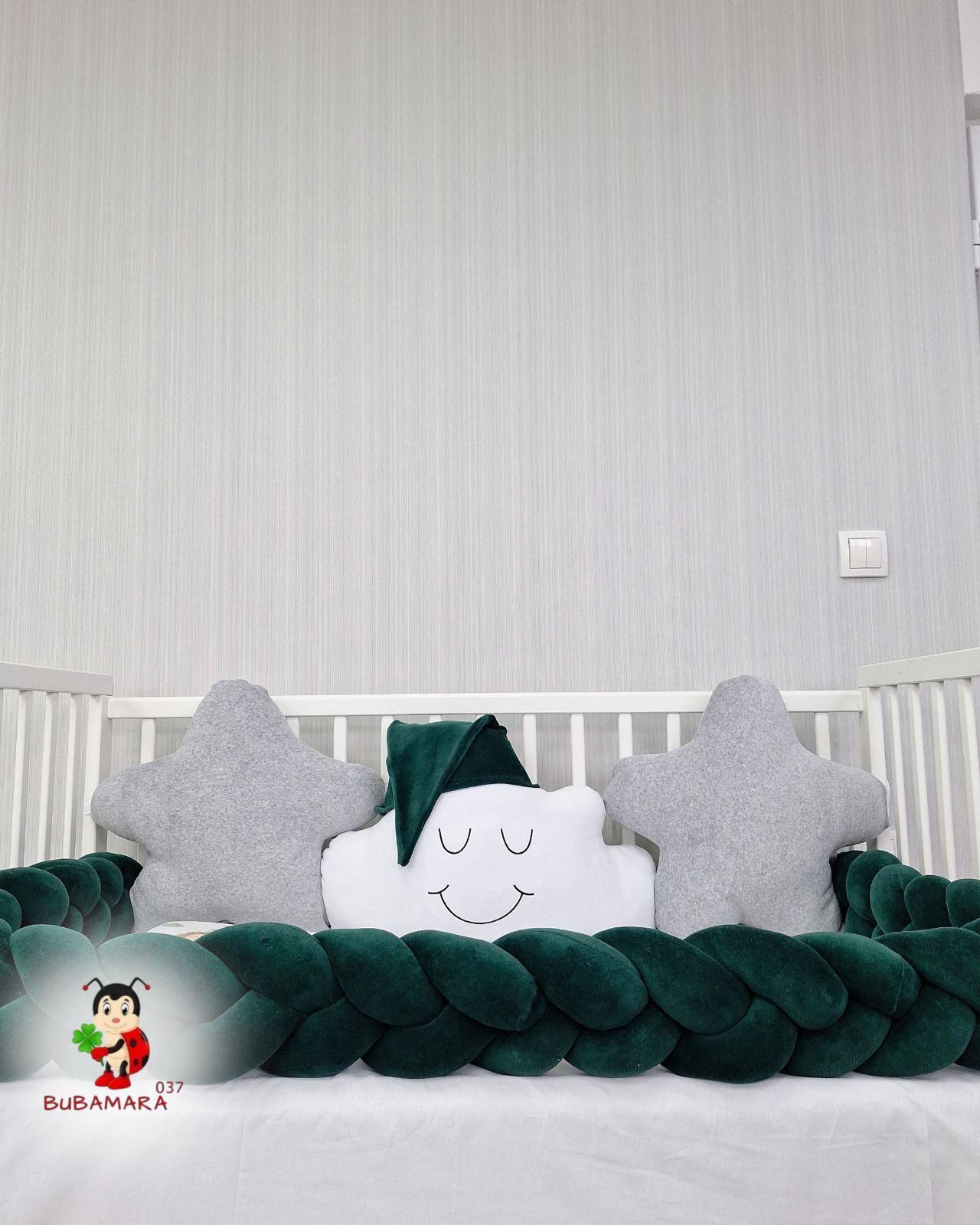 Bubamara037 Set za krevetac sa ogradicom od pletenica, sa lastišom, Sivo-Beli