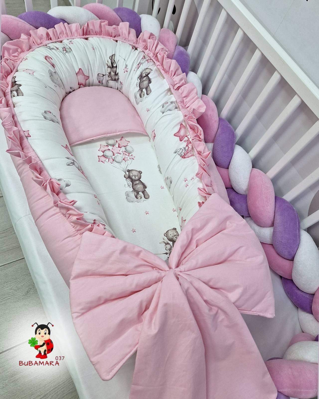 Bubamara037 Gnezdo za bebe sa karnerom Medvedić, Roze-Belo