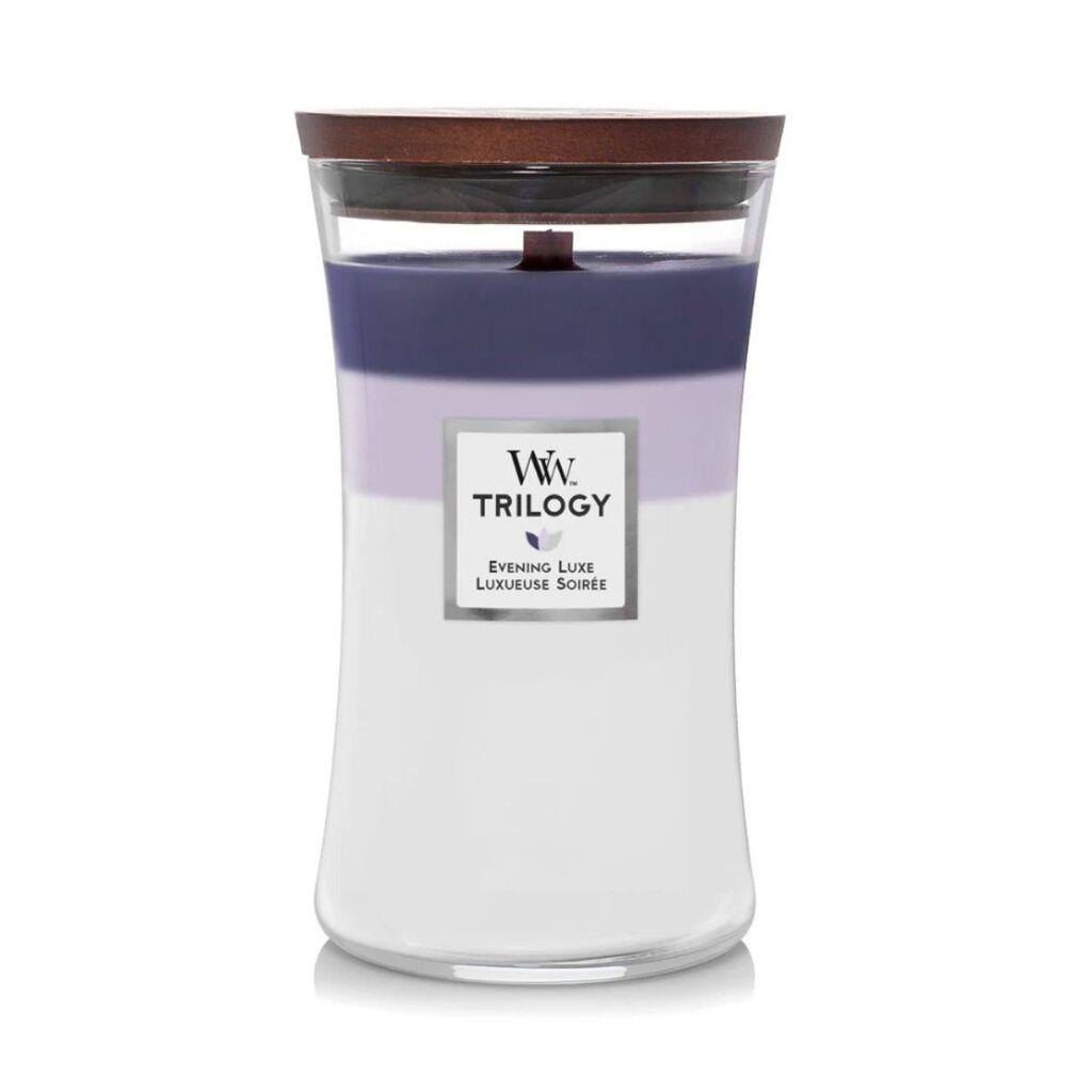 WoodWick Mirišljava sveća Evning Luxe Trilogy, L, Ljubičasto-bela