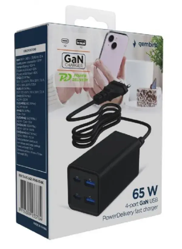 Gembird Punjač TA-UC-2A2C-PD65-01-BK, 4-port, 65W, GaN, USB, PowerDelivery, Brzi, Crni