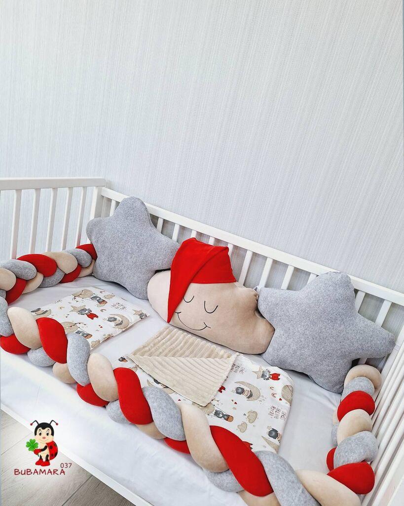 Bubamara037 Set za krevetac sa ogradicom od pletenica, 120x60cm, Sivo-crveni