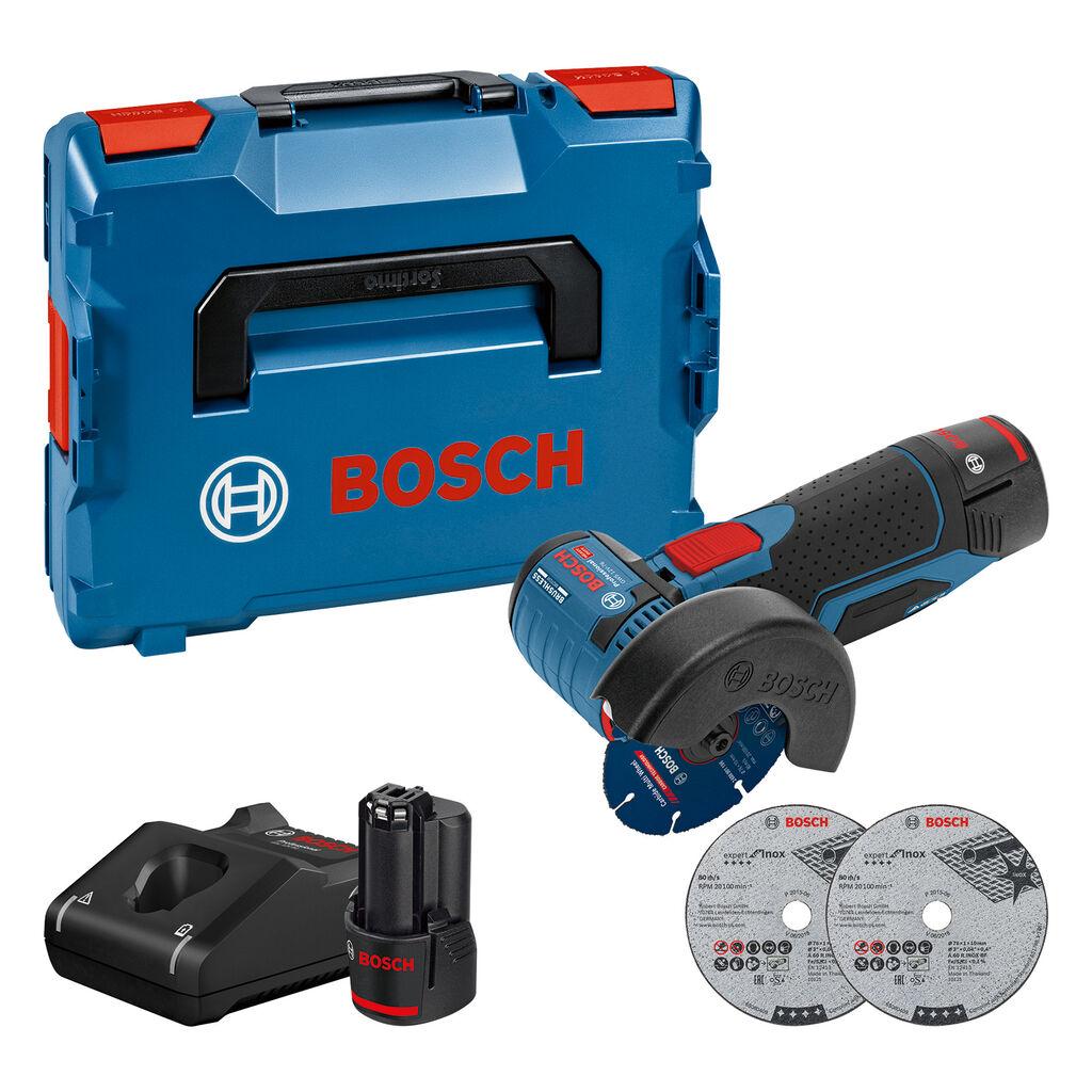 Bosch Aku ugaona brusilica GWS 12V‑76, 76 mm disk, 2× 3.0 Ah, Brzi punjač GAL 12V‑40, Sa L‑Boxx 102 i reznim pločama, 06019F200B