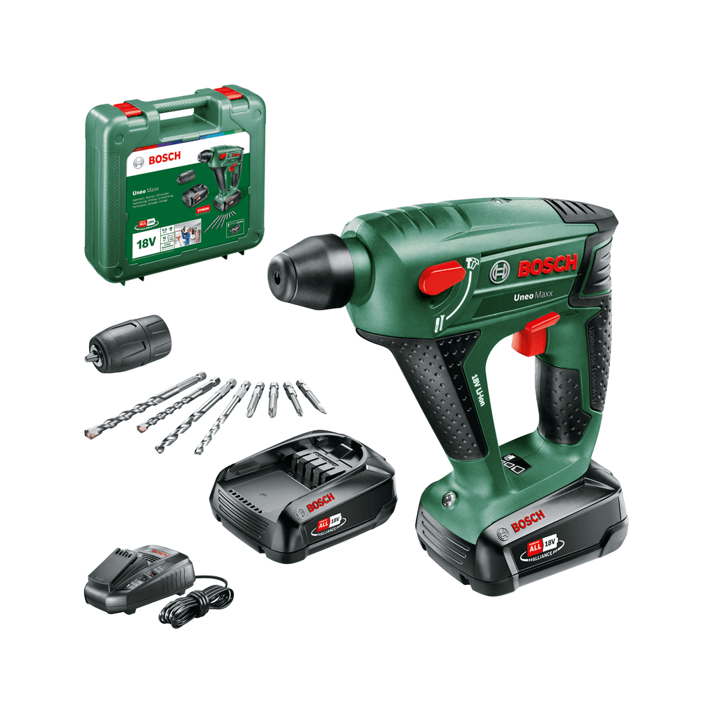Bosch Aku čekić‑bušilica Uneo Maxx 2×2.5 Ah, 4 bita, Adapter, Burgije, Punjač, Kofer 0603952327