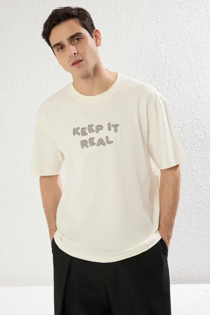 Trendyol Muška majica Tmnss25Ts00023, Krem