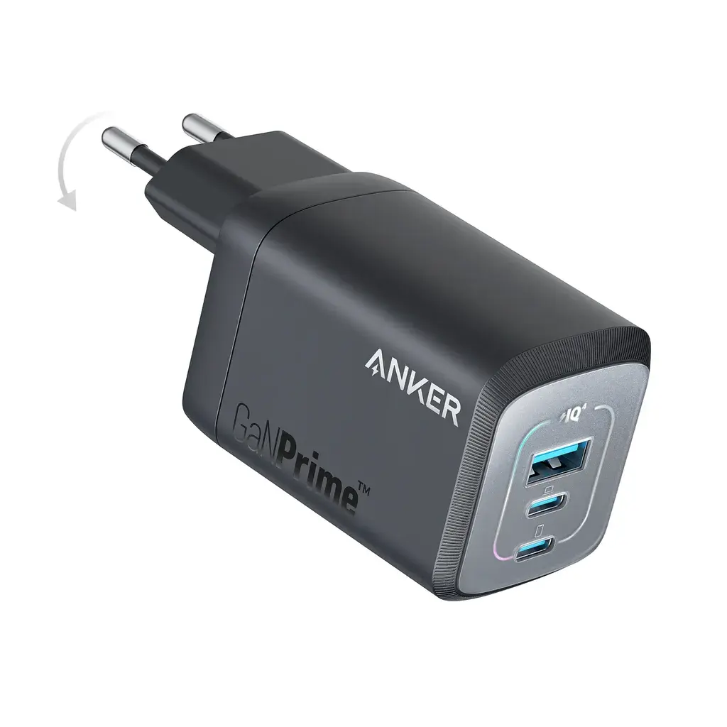 Prime Zidni brzi punjač GaN, 67W, 3-porta (2xUSB-C i USB-A), Crni
