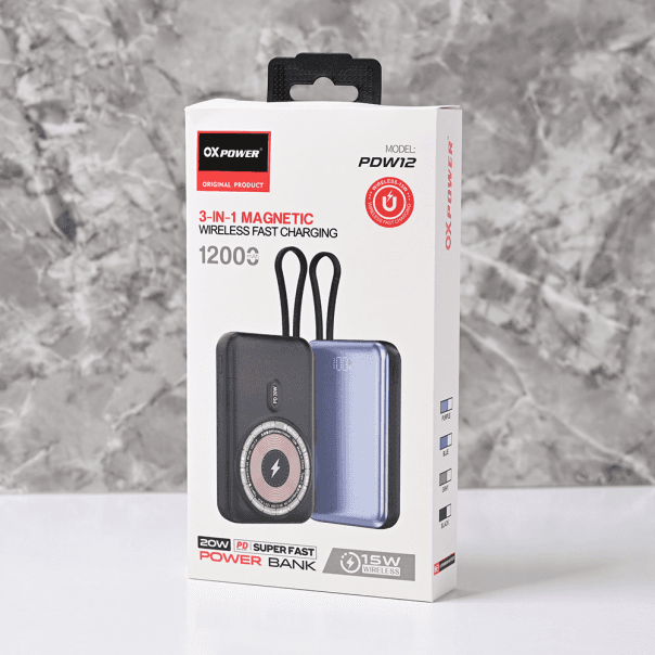 Prenosiva baterija Oxpower PDW12, 12000mAh, 3u1 magnetic, Crna