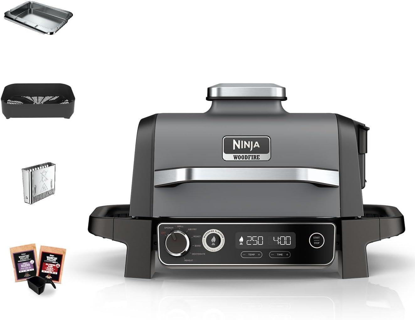 NINJA Gril OG701EU Woodfire Electric Outdoor BBQ Grill & Smoker/ 2400W/ crna