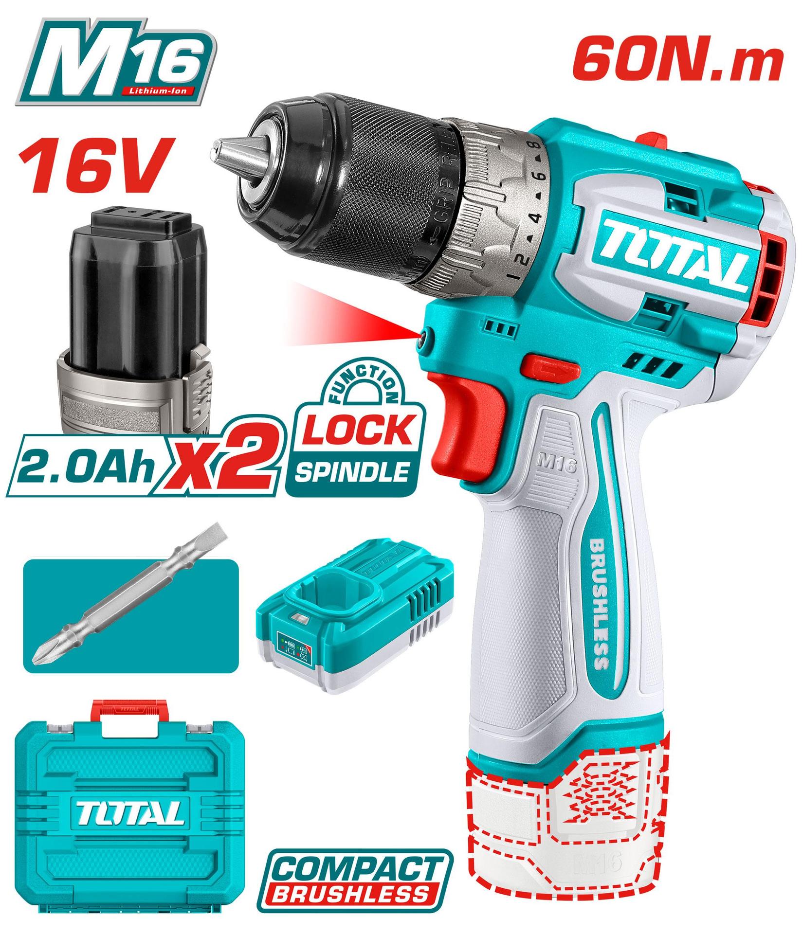 Total Aku bušilica TDLI16682, 16v, 2x2ah baterije, Kofer, BL, 60Nm, 13mm futer