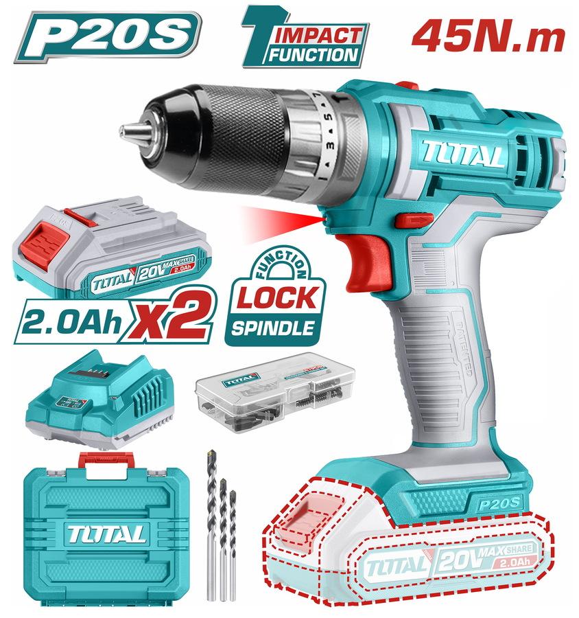 Total Li-ion Akumulatorska udarna bušilica TIDLI201452E, 20V, 2x2Ah, 45Nm, Metalni futer 10mm