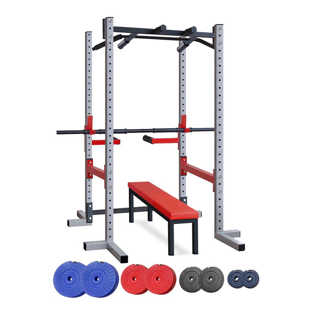 Iron Sport Kavez sa dodacima za propadanje trbušnjake i zgibove sa ravnom klupom 64kg tegova i 2+1 šipkom