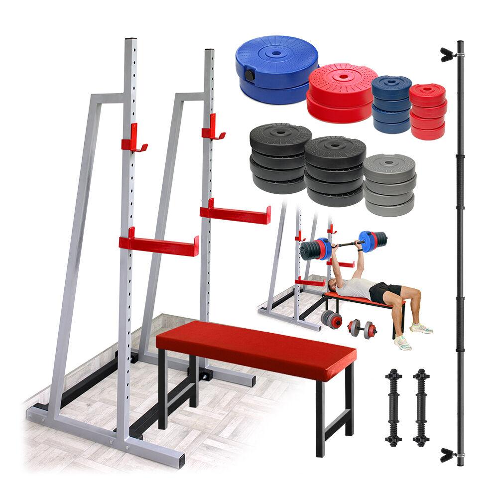 Iron Sport Stalak za tegove sa bar holderima, Ravna klupa 117cm x 31cm, Tegovi 118kg tegova i 2+1 šipka