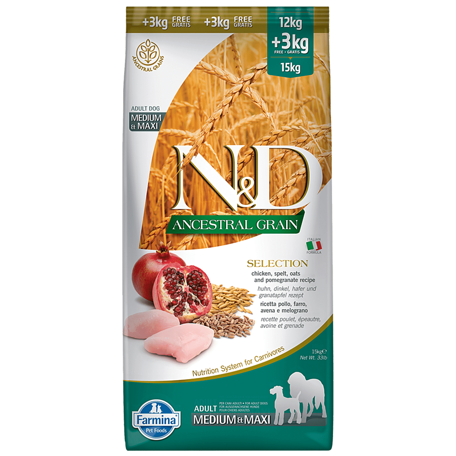 N&D Hrana za pse Ancestral Grain Medium&Maxi Chicken&Pomegranate, 15kg