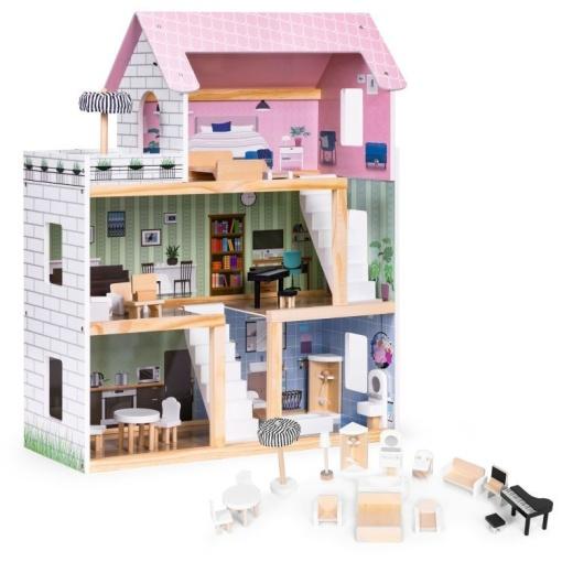 ECO TOYS Drvena kućica za lutke sa 3 sprata, terasom i setom od 15 komada nameštaja