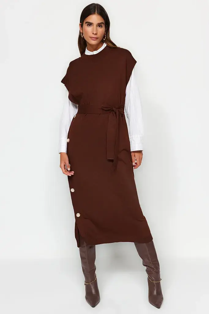 Trendyol Modest Ženska haljina Tctaw24Uv00038, Smeđa