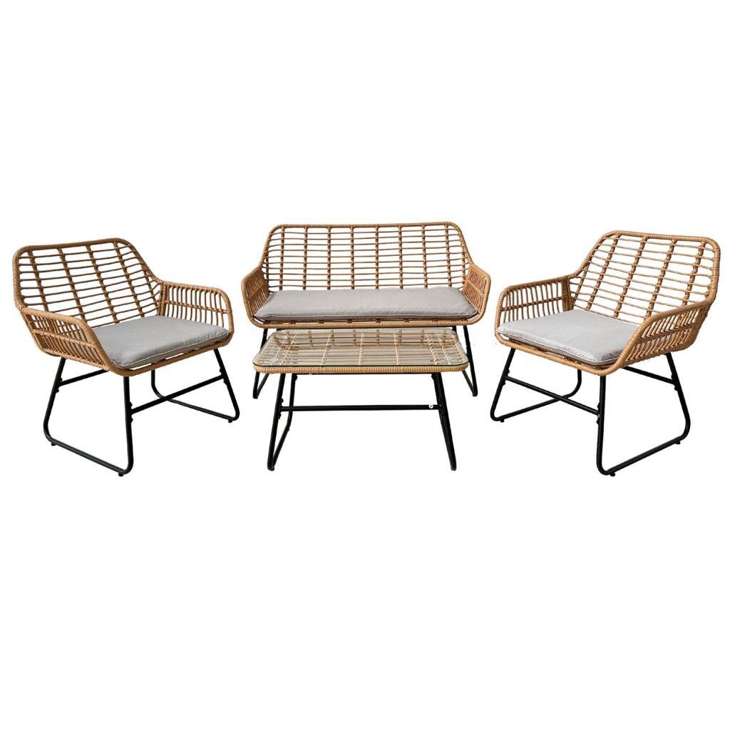 Baštenski set nameštaja Sofa, dve stolice i stočić, Braon ratan sa sivim jastucima