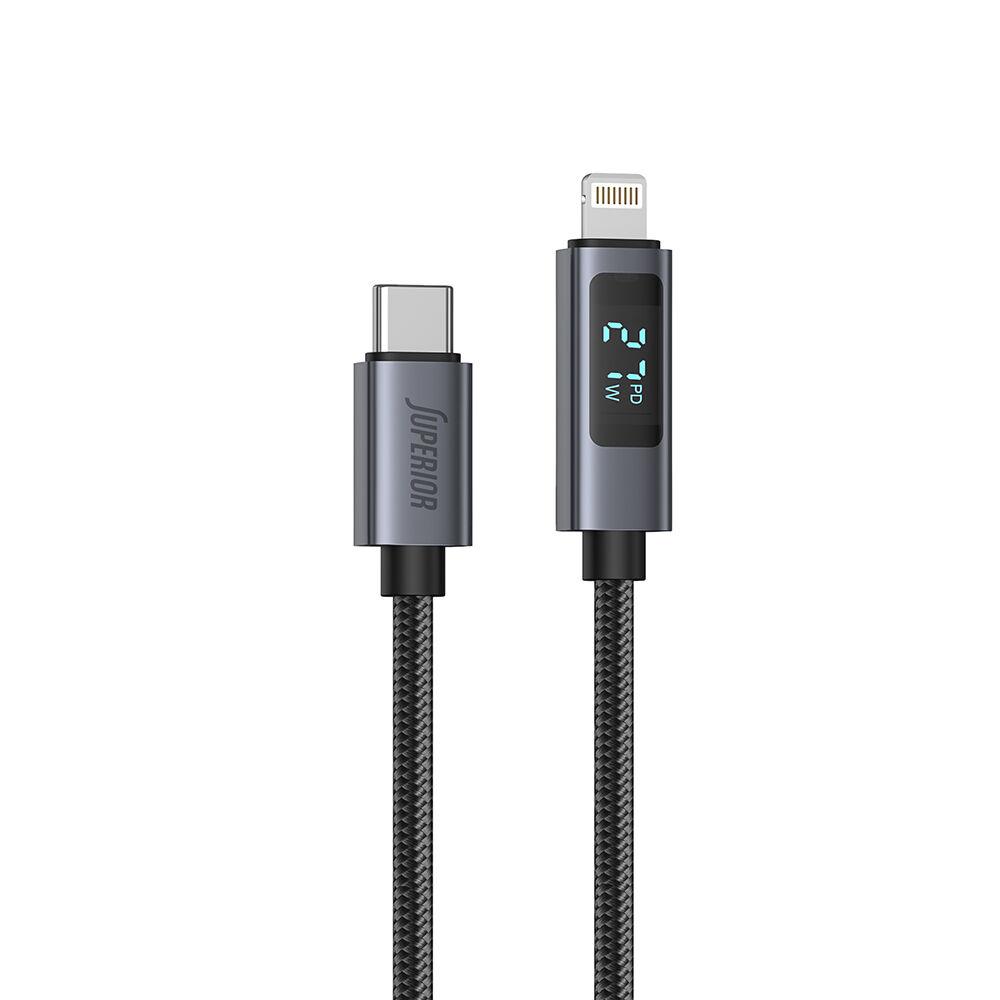 Superior USB data kabl SU-K107, Type-C na Lightning, Pleteni, 3A, 27W, LED ekran, 1 m, Crni