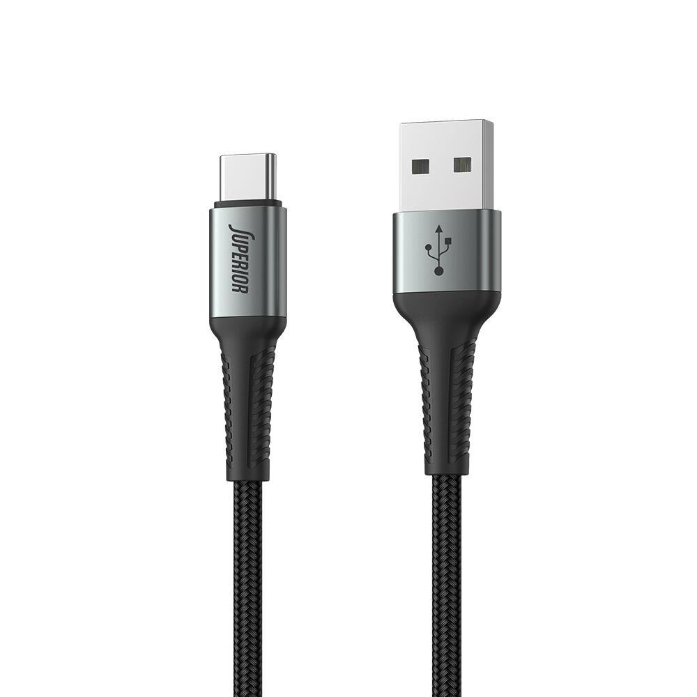 Superior USB data kabl SU-K108, USB-A na Type-C, Pleteni, Fast 27W, 3A, 2 m, Crni