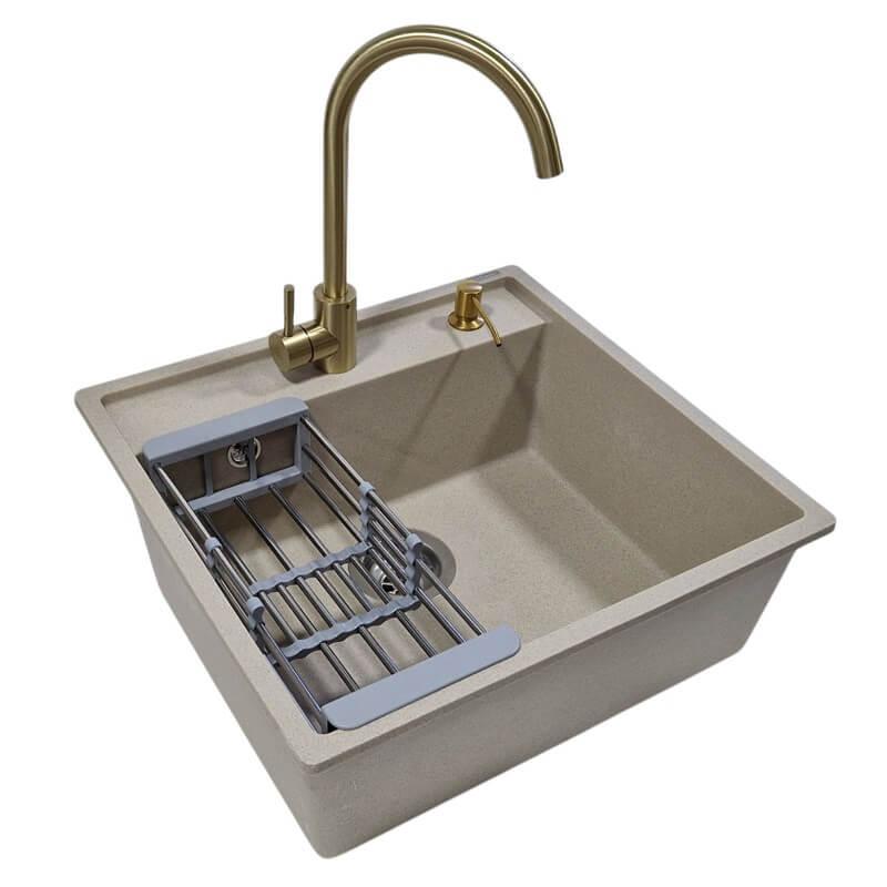 SanDonna Sudopera sa slavinom i sifonom Selena, Zlatna Slovarm slavina, Teleskopski ocedjivač, Zlatni ugradni dozer za tečnost, Bež