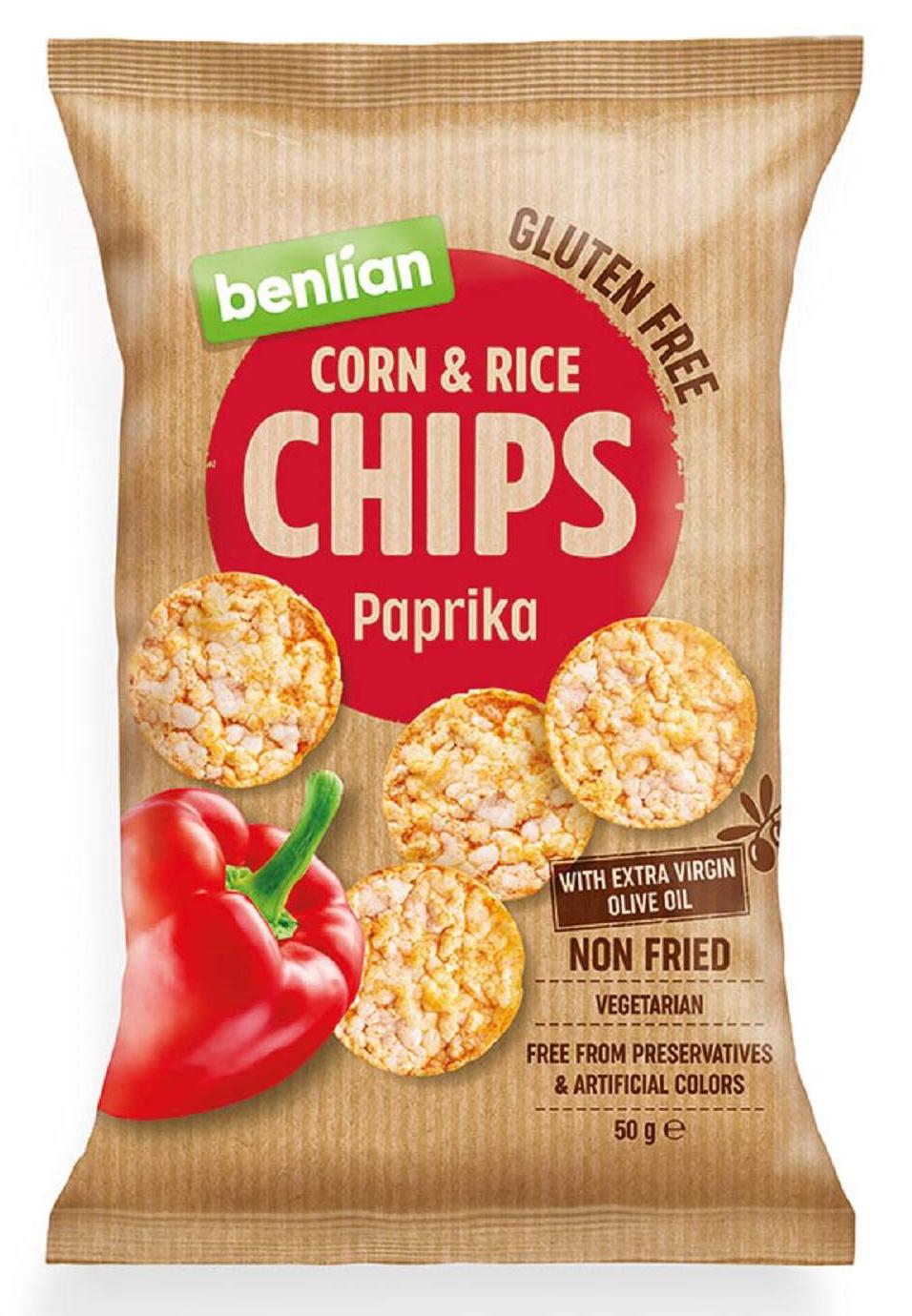 Benlian Bezglutenski čips, Kukuruz i pirinač, Paprika, 50g