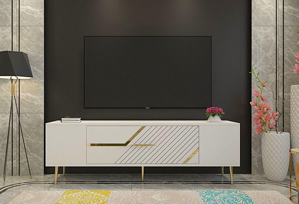 Hanah Home TV Komoda Dekolp5, 150x48,2x29,6 cm, Belo-Zlatne boje