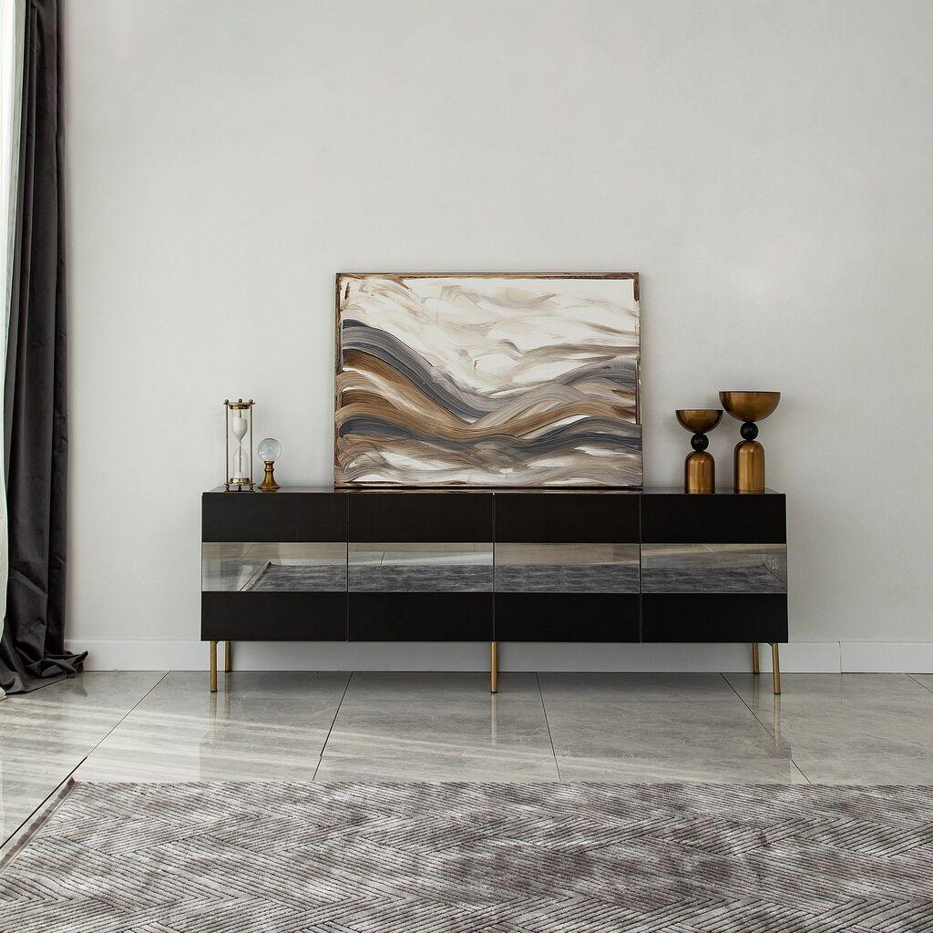 Hanah Home TV Komoda Leon, 180x59x35 cm, Crno-Zlatne boje