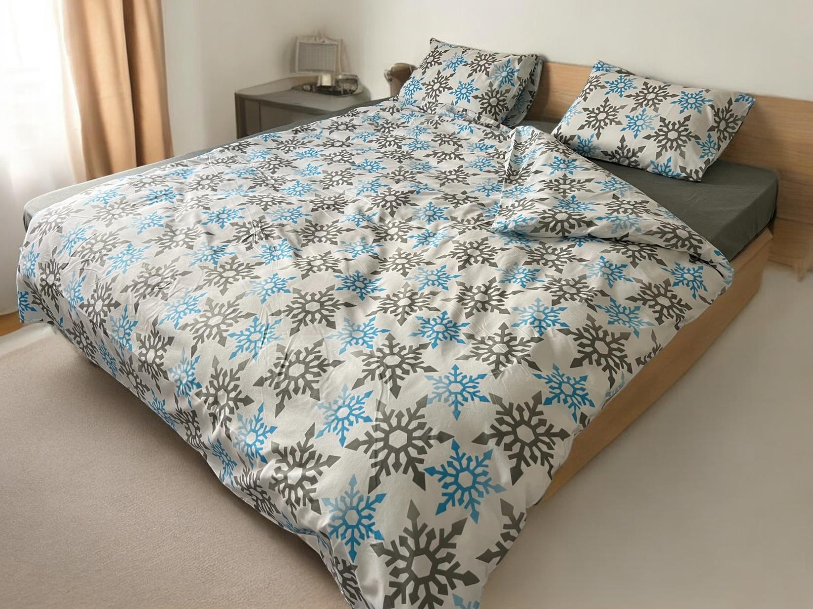 Posteljina za francuski ležaj Plave pahulje 200x220cm, Bež