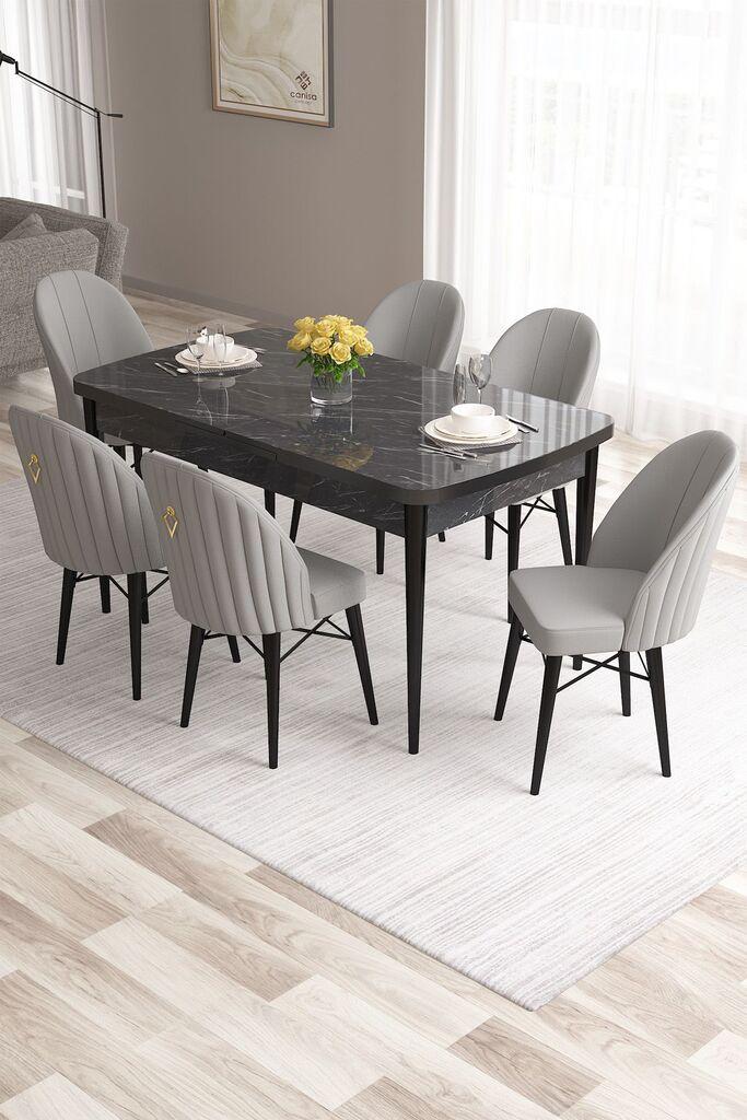 Hanah Home Set Trpezarijski sto i 6 stolica Roz, Sivo-crni